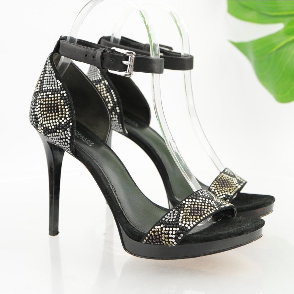 Michael Kors Womens Sienna Sandals Size 6.5 Black Suede Studded Ankle Strap Heel